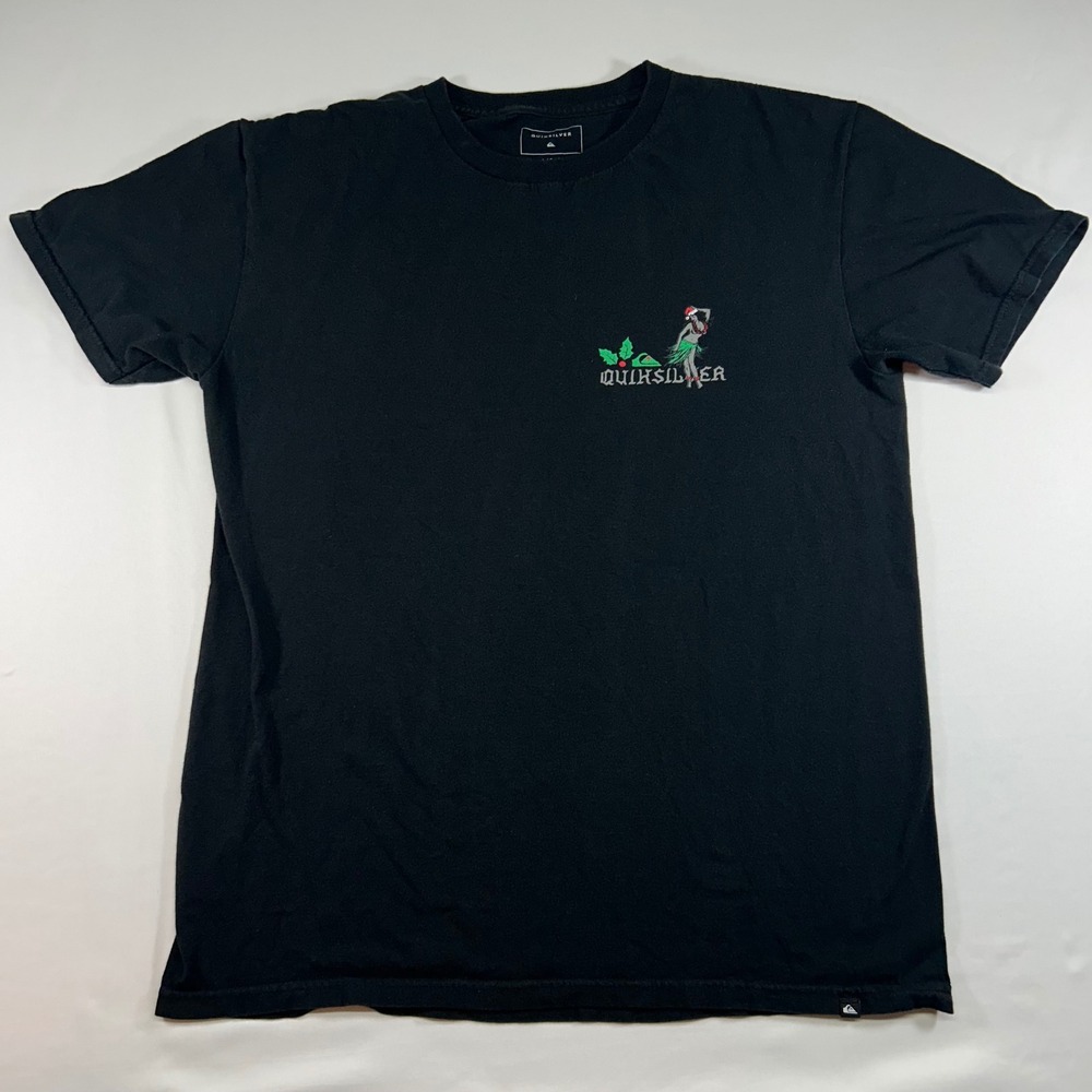 Quiksilver Mens Large Black Happy Hollow Days Hula Girl Graphic T-Shirt Regular